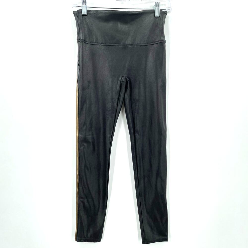 Spanx Women's Faux Leather Ankle Pants W/ Track Stripes, Black, Sz. M Slimming